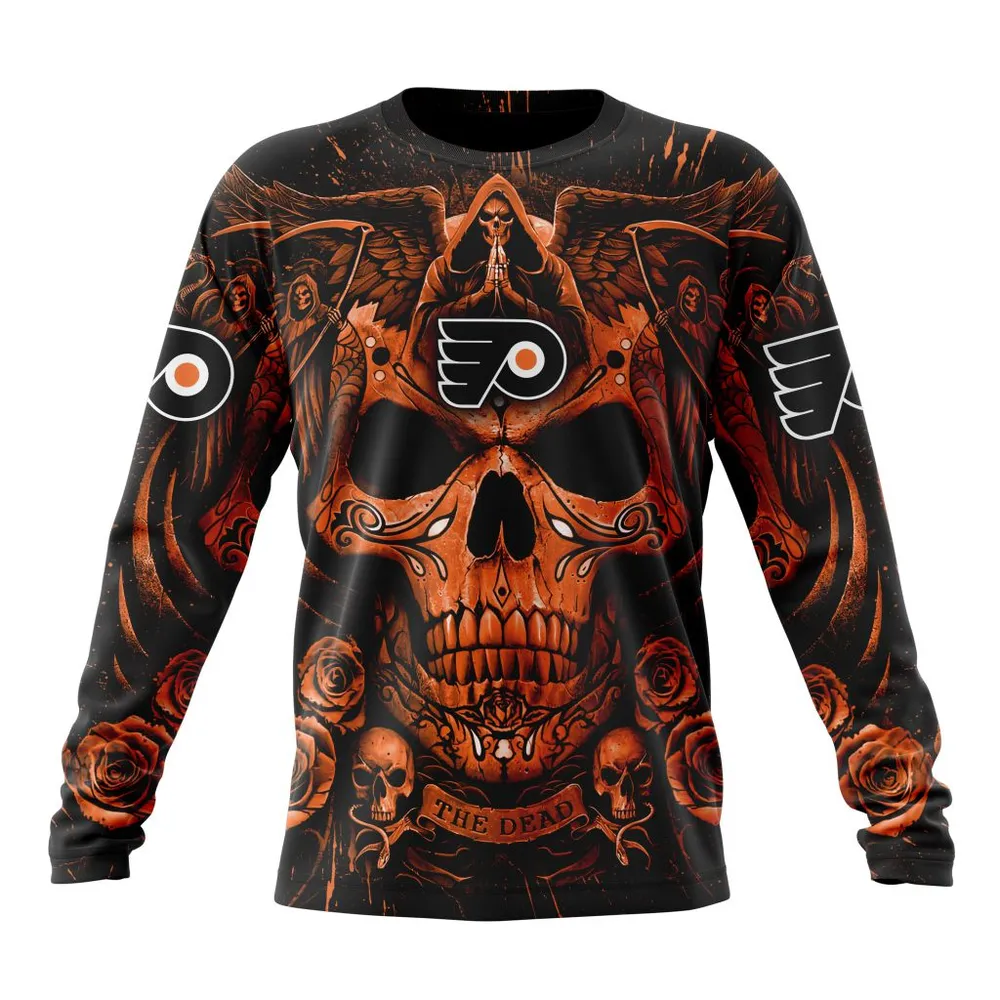 NHL Philadelphia Flyers Special Design With Skull Art St2203 Long Sleeved Sweatshirt 