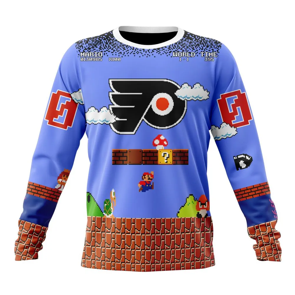 NHL Philadelphia Flyers Special Kits With Super Mario Game Design Long Sleeved Sweatshirt 