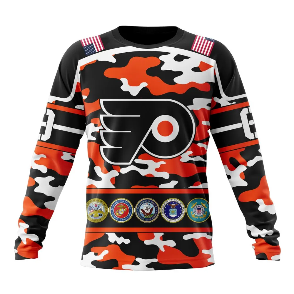 NHL Philadelphia Flyers | Specialized Design Wih Camo Team Color And Military Force Logo Long Sleeved Sweatshirt 