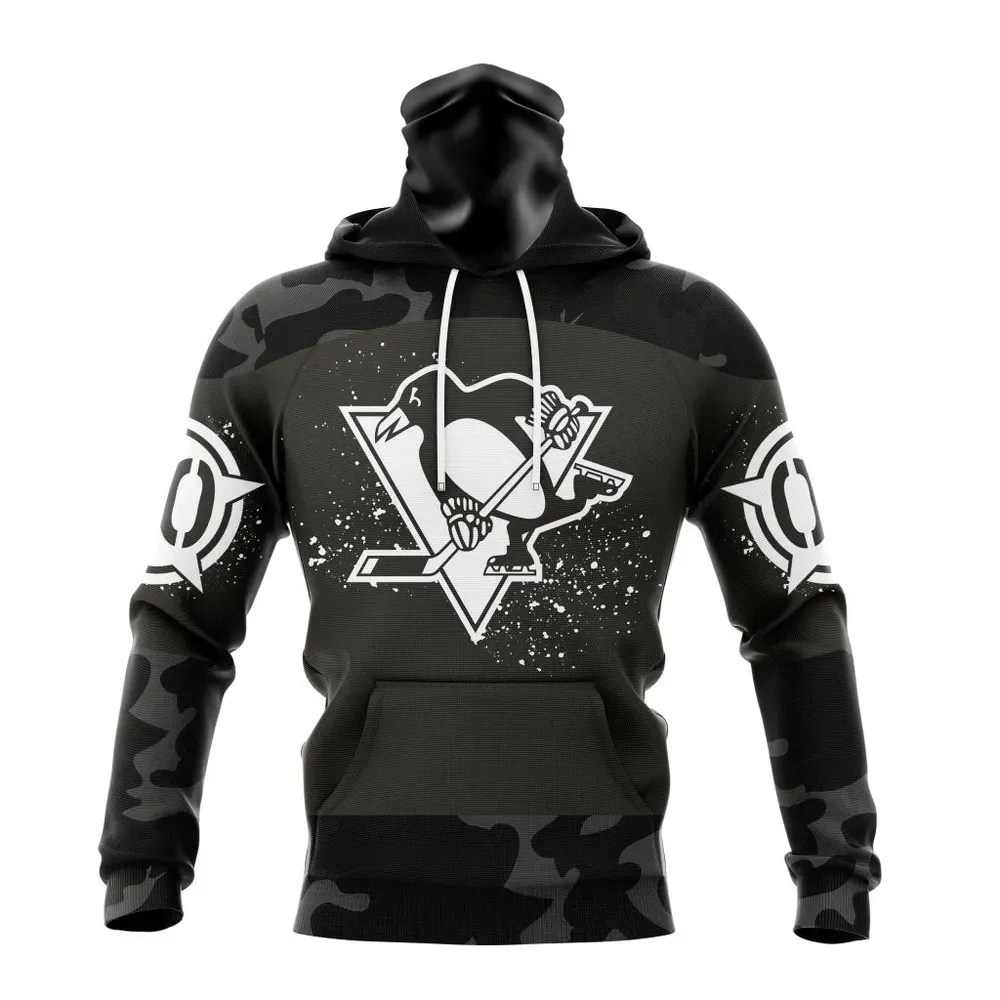 NHL Pittsburgh Penguins Special Black Camo Design For Veterans Day St2304 Mask Hoodie