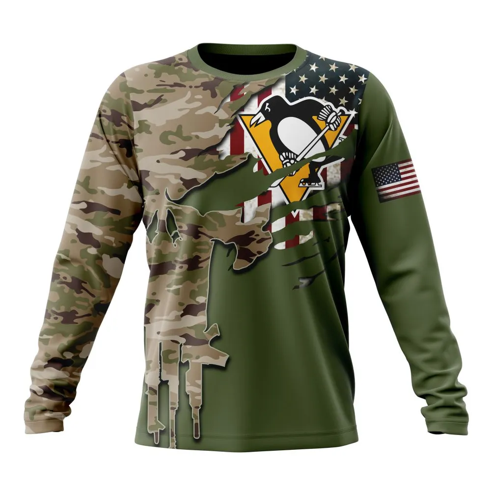 NHL Pittsburgh Penguins Special Camo Skull Design St2303 Long Sleeved Sweatshirt 