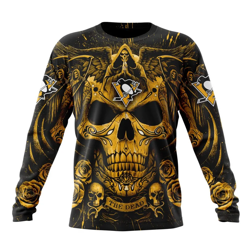 NHL Pittsburgh Penguins Special Design With Skull Art St2203 Long Sleeved Sweatshirt 