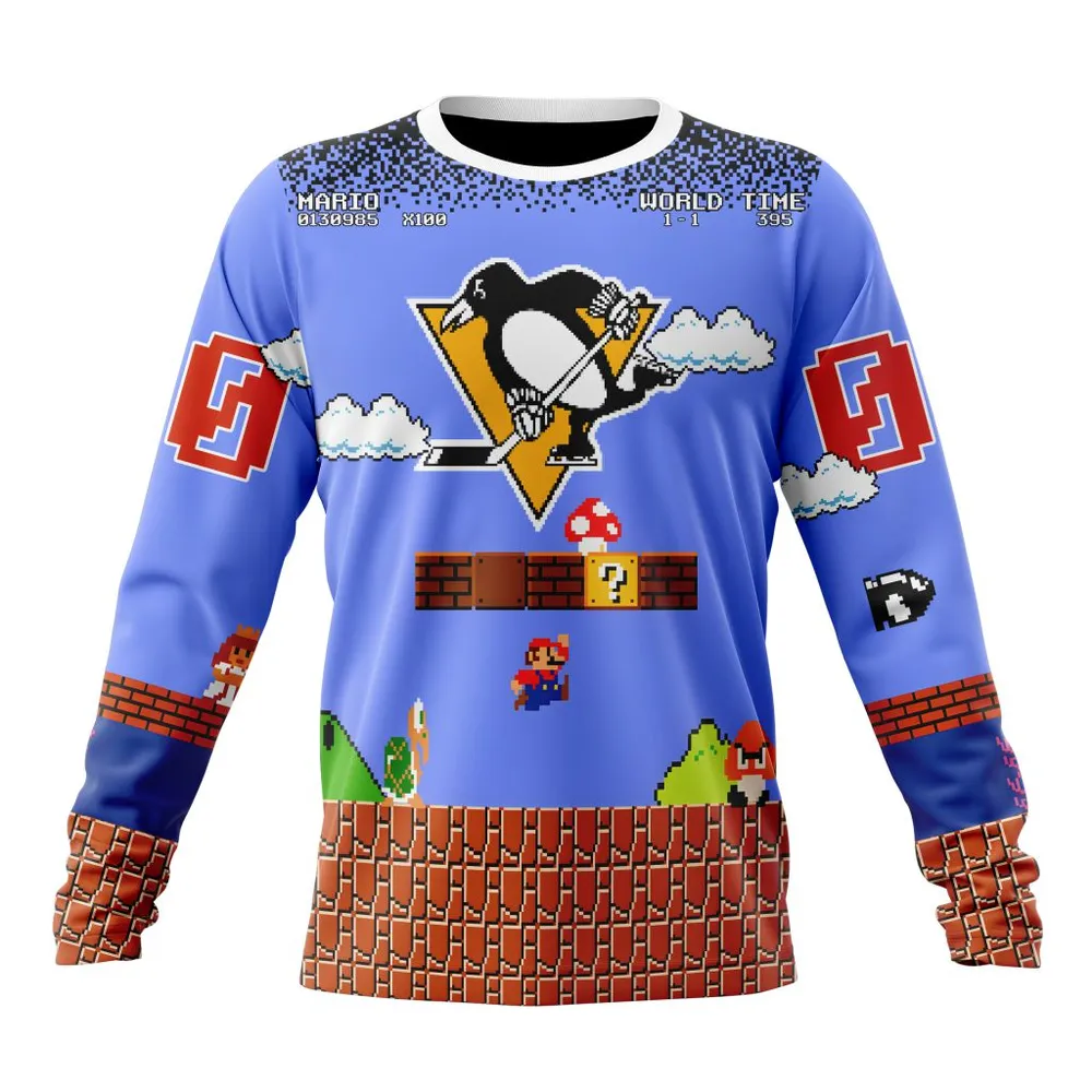 NHL Pittsburgh Penguins Special Kits With Super Mario Game Design Long Sleeved Sweatshirt 