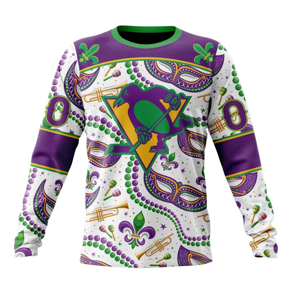 NHL Pittsburgh Penguins Special Mardi Gras Design St2401 Long Sleeved Sweatshirt 