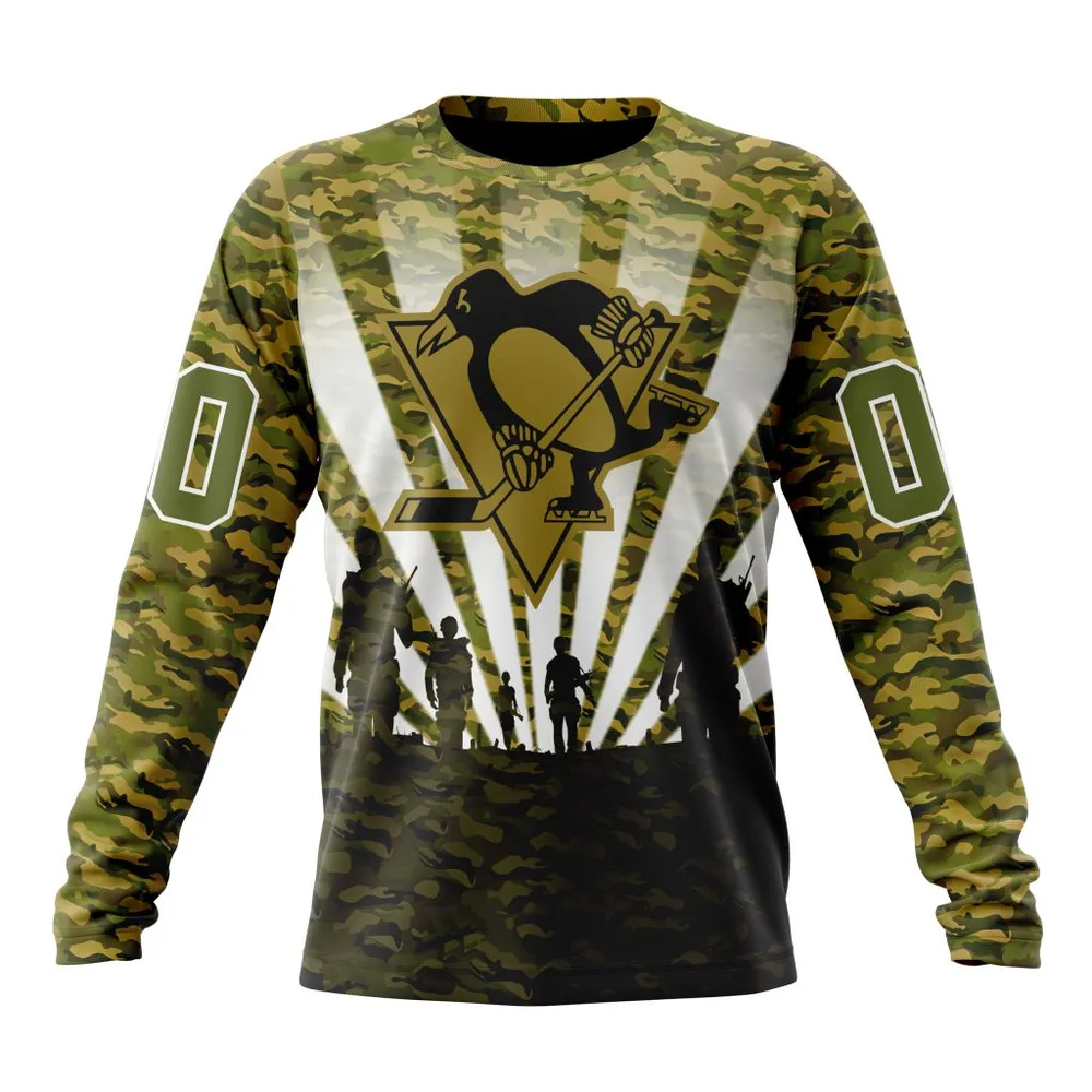 NHL Pittsburgh Penguins Special Military Camo Kits For Veterans Day And Rememberance Day St2201 Long Sleeved Sweatshirt 