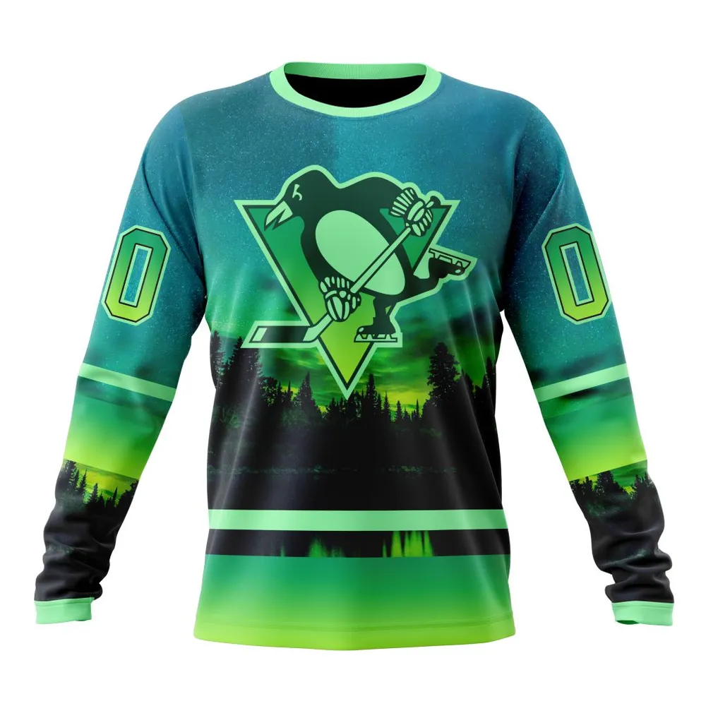 NHL Pittsburgh Penguins Special Northern Lights Design St2302 Long Sleeved Sweatshirt 