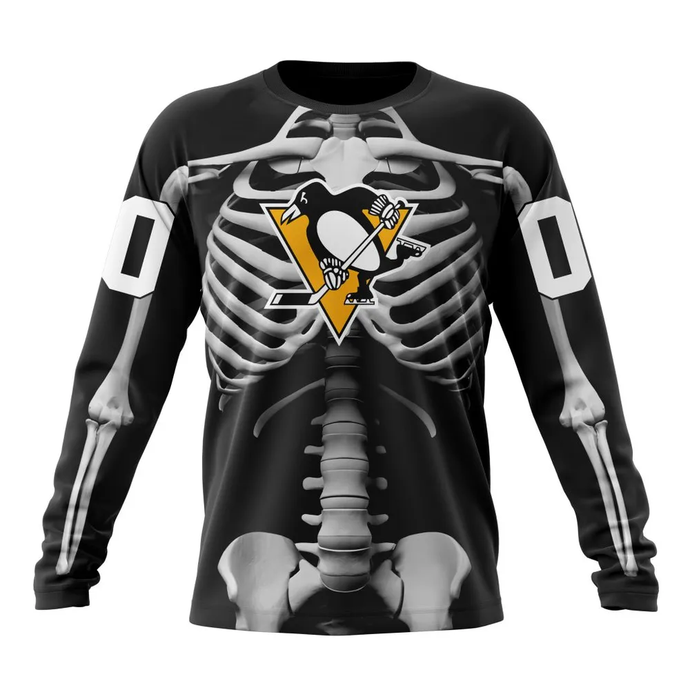 NHL Pittsburgh Penguins Special Skeleton Costume For Halloween St2301 Long Sleeved Sweatshirt 