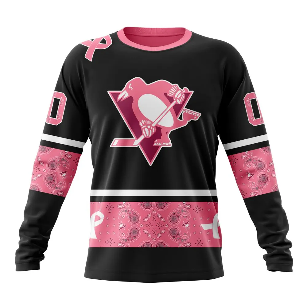 NHL Pittsburgh Penguins | Specialized Design In Classic Style With Paisley! In October We Wear Pink Breast Cancer Long Sleeved Sweatshirt 