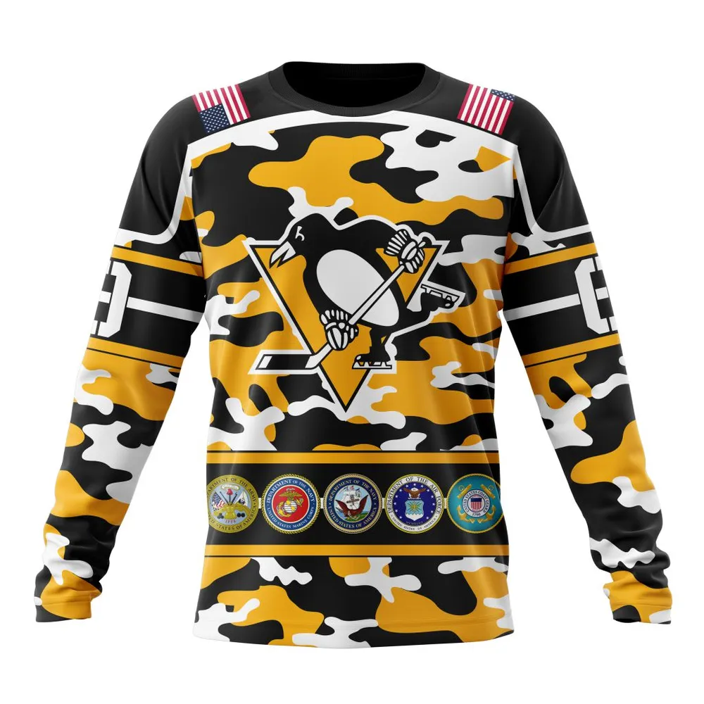 NHL Pittsburgh Penguins | Specialized Design Wih Camo Team Color And Military Force Logo Long Sleeved Sweatshirt 