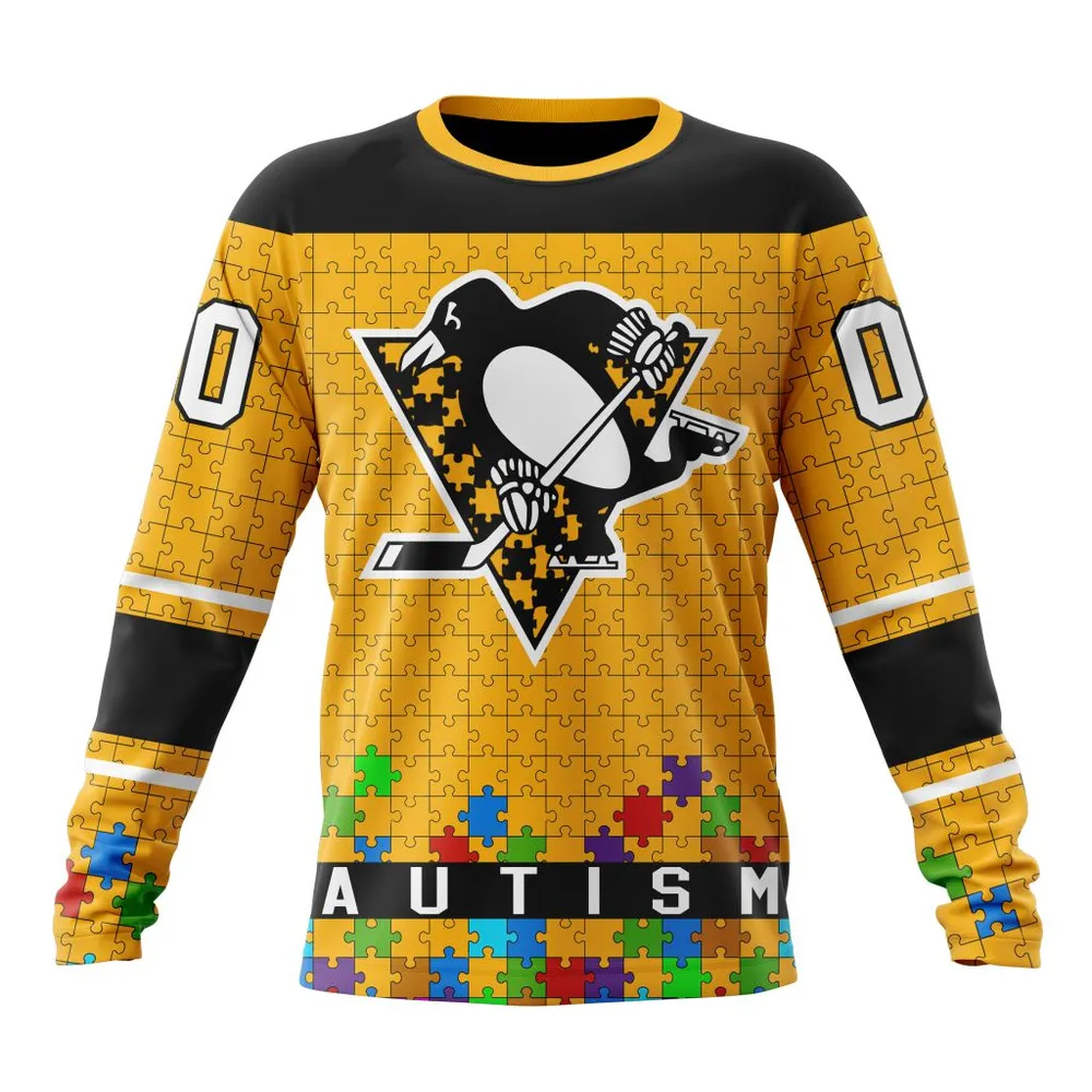 NHL Pittsburgh Penguins | Specialized Unisex Kits Hockey Fights Against Autism Long Sleeved Sweatshirt 