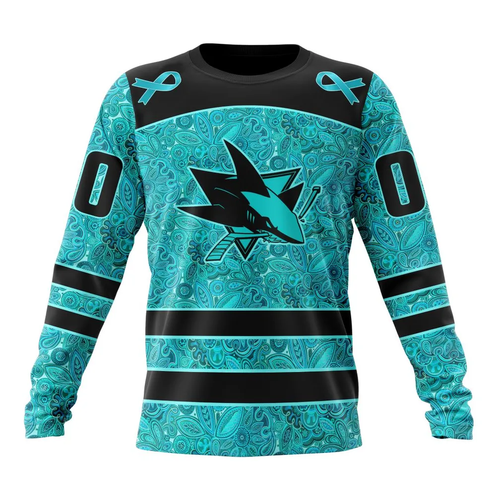 NHL San Jose Sharks Special Design Fight Ovarian Cancer St2201 Long Sleeved Sweatshirt 