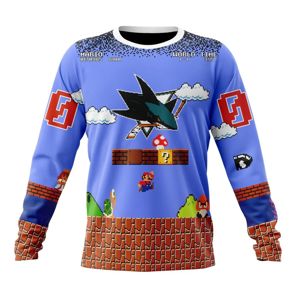 NHL San Jose Sharks Special Kits With Super Mario Game Design Long Sleeved Sweatshirt 