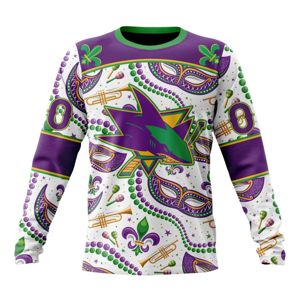 NHL San Jose Sharks Special Mardi Gras Design St2401 Long Sleeved Sweatshirt 