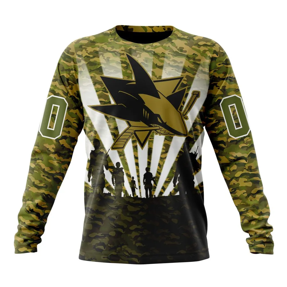 NHL San Jose Sharks Special Military Camo Kits For Veterans Day And Rememberance Day St2201 Long Sleeved Sweatshirt 