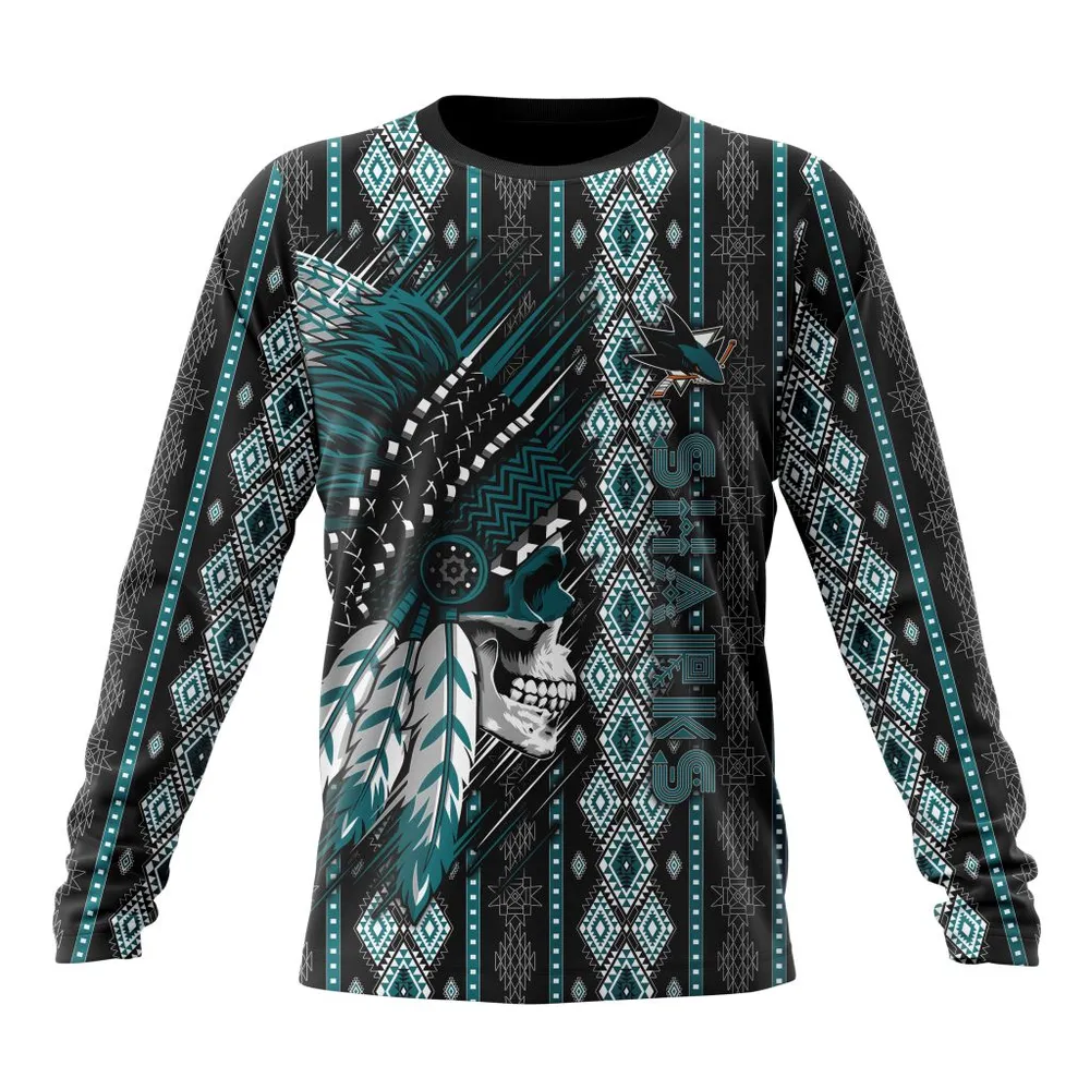 NHL San Jose Sharks Special Skull Native Design St2301 Long Sleeved Sweatshirt 