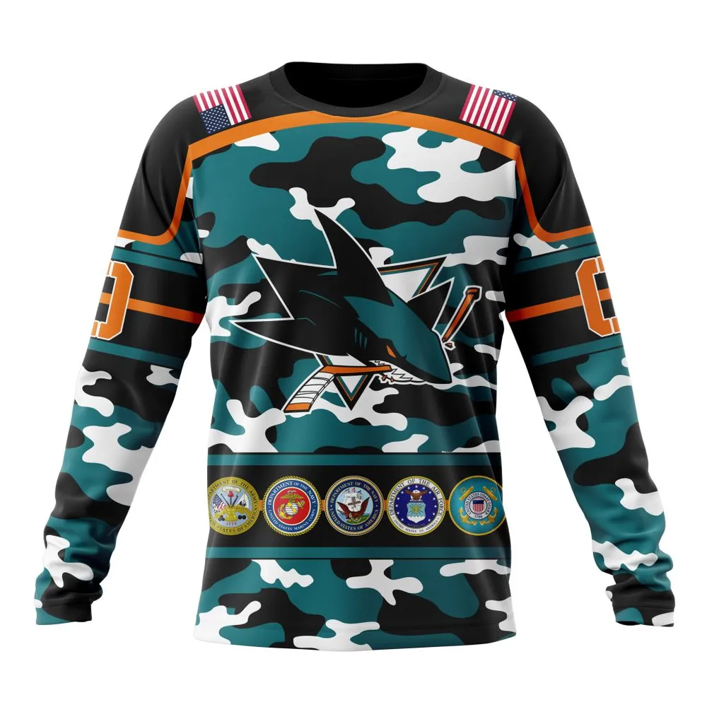 NHL San Jose Sharks | Specialized Design Wih Camo Team Color And Military Force Logo Long Sleeved Sweatshirt 