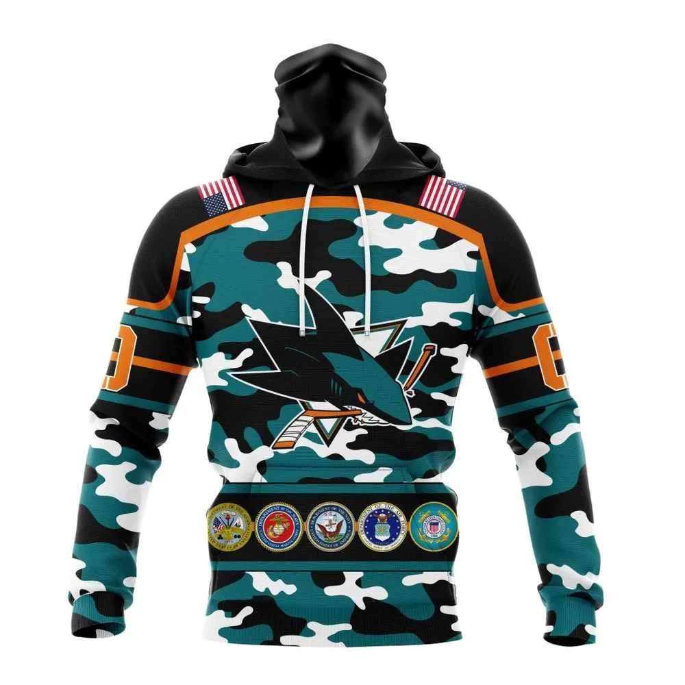 NHL San Jose Sharks | Specialized Design Wih Camo Team Color And Military Force Logo Mask Hoodie