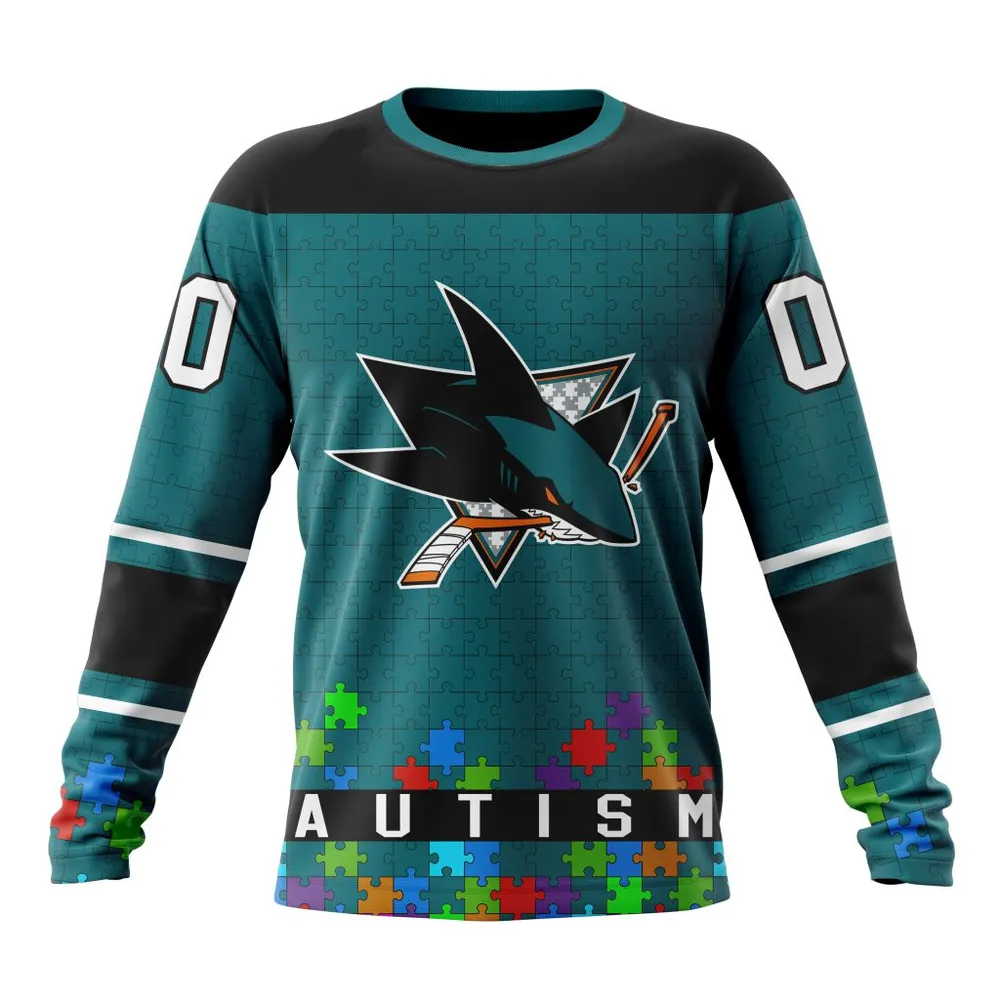 NHL San Jose Sharks | Specialized Unisex Kits Hockey Fights Against Autism Long Sleeved Sweatshirt 