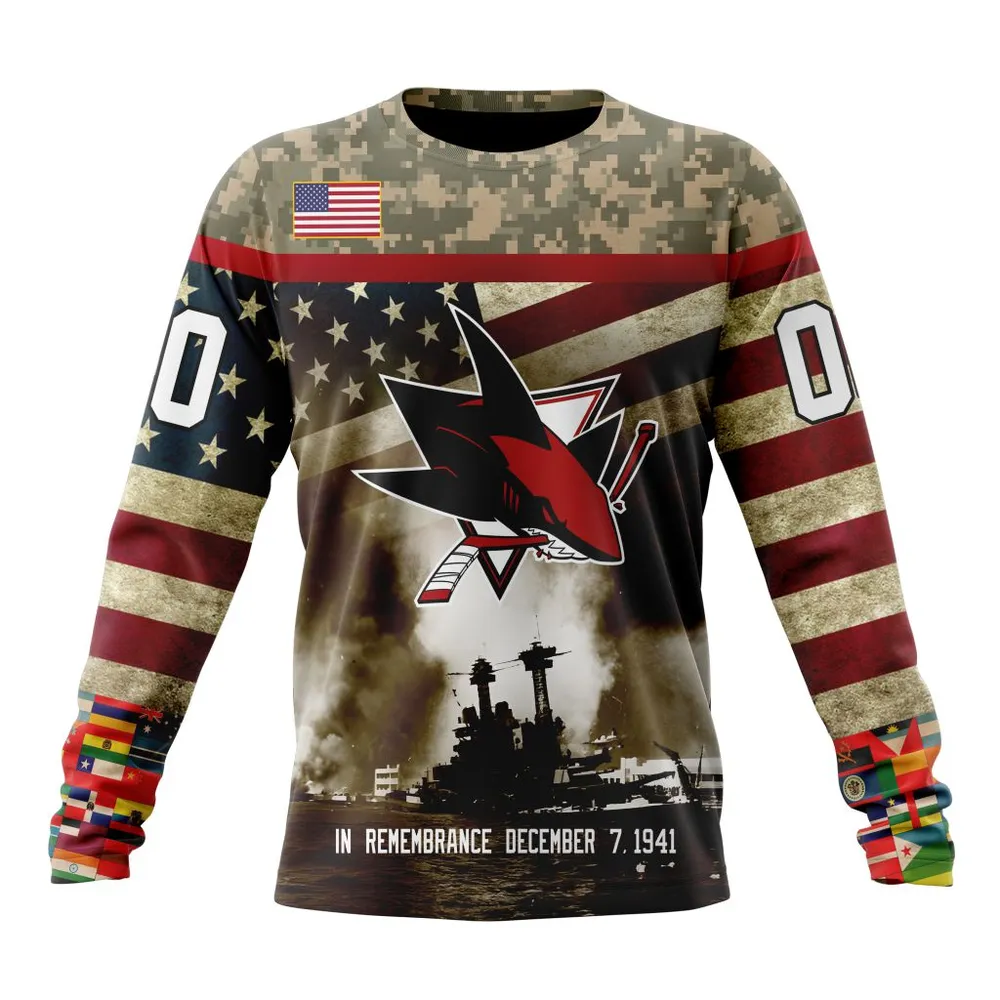 NHL San Jose Sharks | Specialized Unisex Kits Remember Pearl Harbor Long Sleeved Sweatshirt 