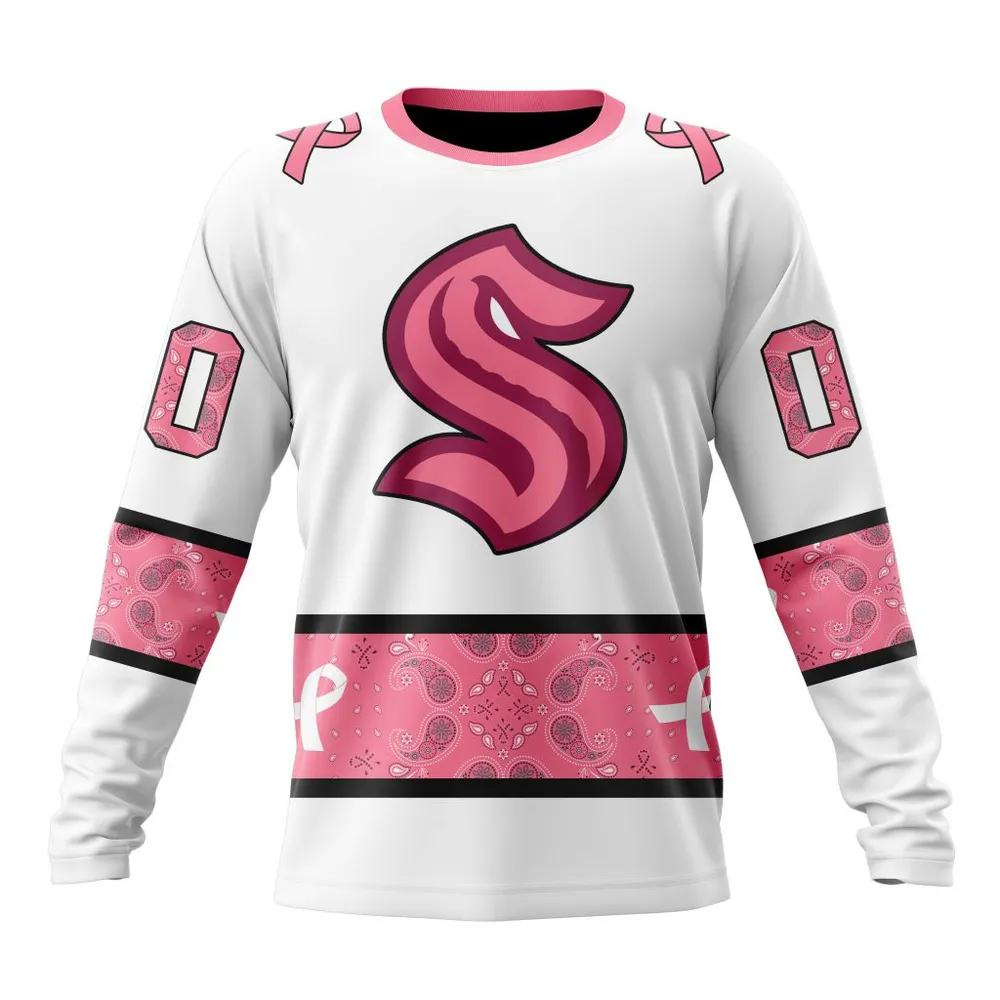 NHL Seattle Kraken In Classic Style With Paisley! In October We Wear Pink Breast Cancer Long Sleeved Sweatshirt 