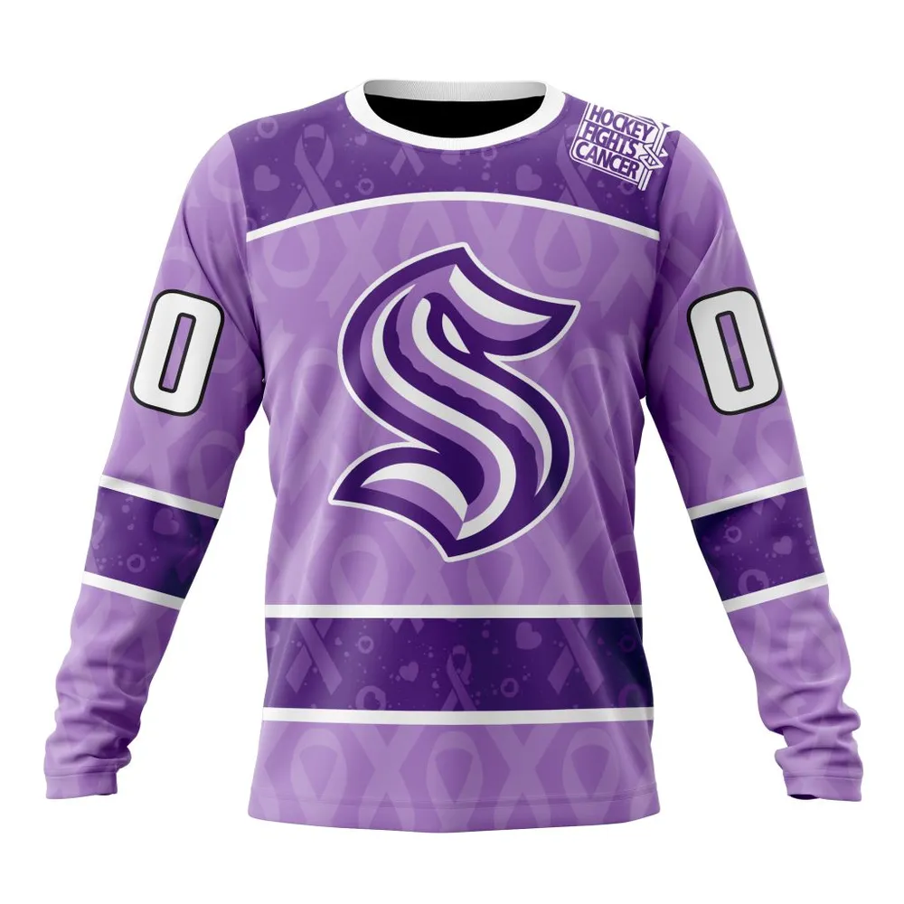 NHL Seattle Kraken New Lavender Hockey Fight Cancer St2301 Long Sleeved Sweatshirt 