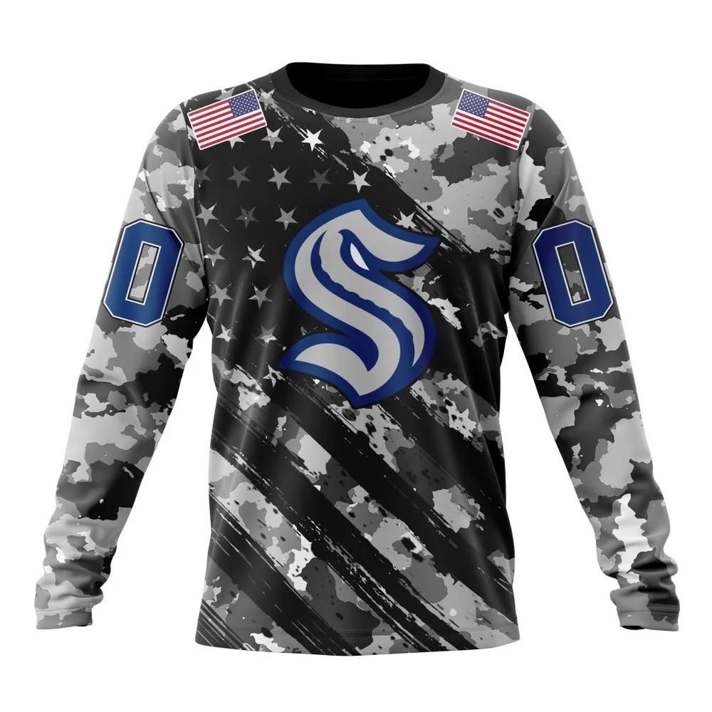 NHL Seattle Kraken Special Camo Military Design St2301 Long Sleeved Sweatshirt 