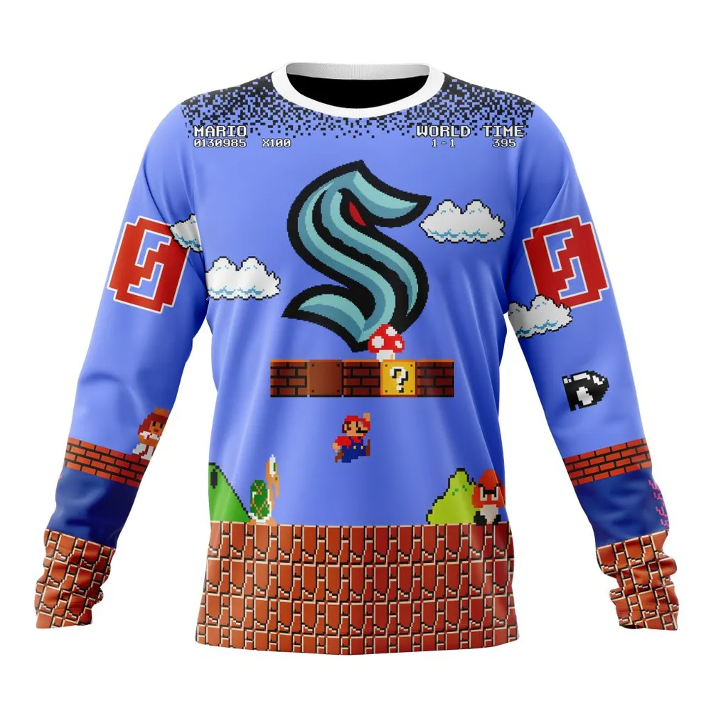 NHL Seattle Kraken Special Kits With Super Mario Game Design Long Sleeved Sweatshirt 