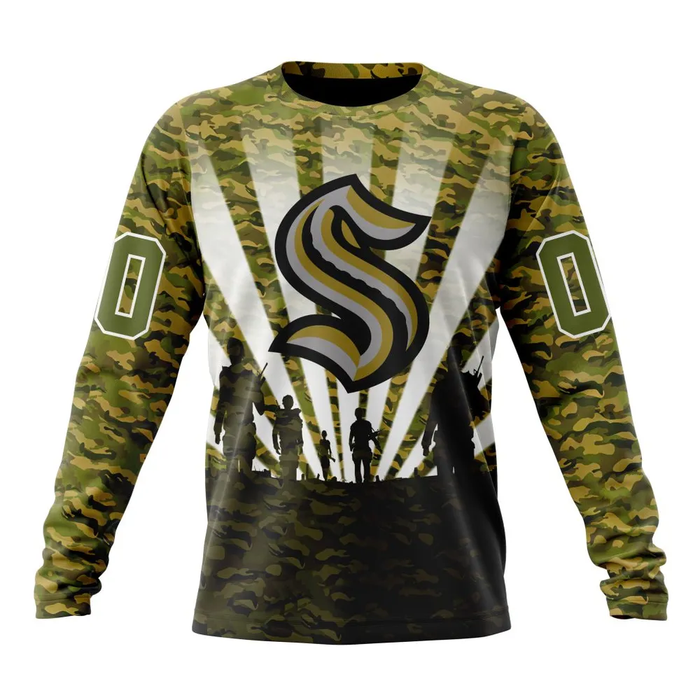 NHL Seattle Kraken Special Military Camo Kits For Veterans Day And Rememberance Day St2201 Long Sleeved Sweatshirt 