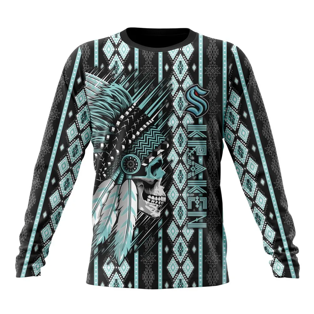 NHL Seattle Kraken Special Skull Native Design St2301 Long Sleeved Sweatshirt 