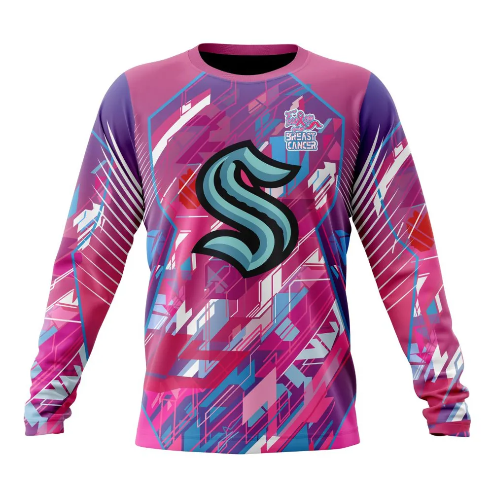 NHL Seattle Kraken | Specialized Design I Pink I Can! Fearless Again Breast Cancer Long Sleeved Sweatshirt 