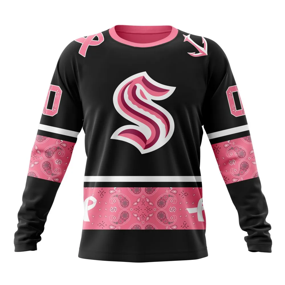 NHL Seattle Kraken | Specialized Design In Classic Style With Paisley! In October We Wear Pink Breast Cancer Long Sleeved Sweatshirt 