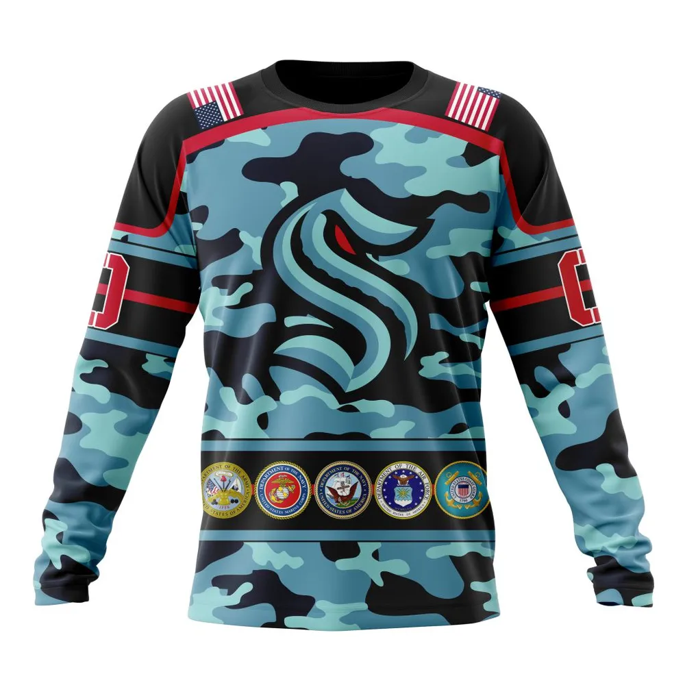 NHL Seattle Kraken | Specialized Design Wih Camo Team Color And Military Force Logo Long Sleeved Sweatshirt 