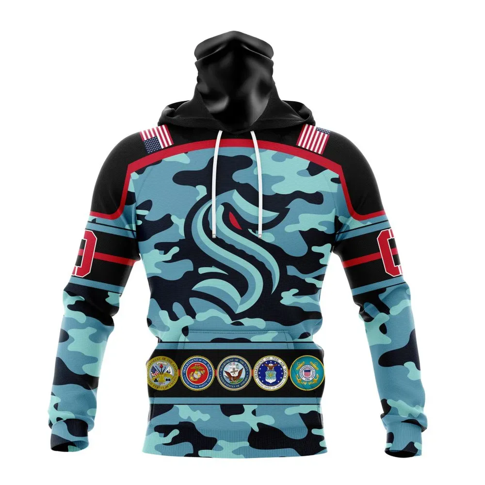 NHL Seattle Kraken | Specialized Design Wih Camo Team Color And Military Force Logo Mask Hoodie