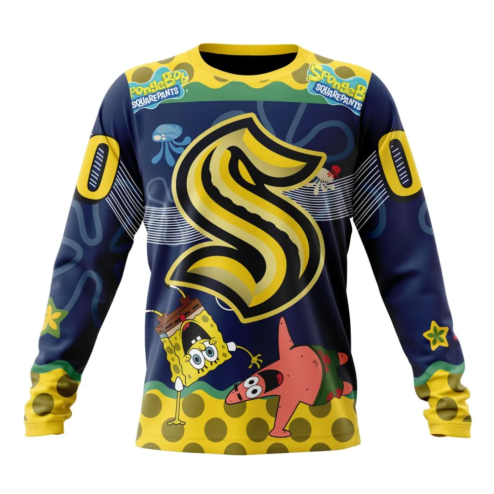 NHL Seattle Kraken | Specialized Jersey With Spongebob Long Sleeved Sweatshirt 