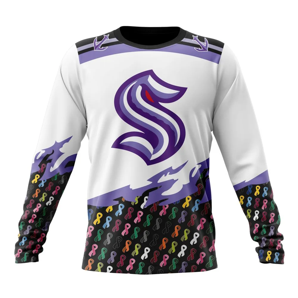 NHL Seattle Kraken | Specialized Kits In October We Stand Together We Can Beat Cancer Long Sleeved Sweatshirt 