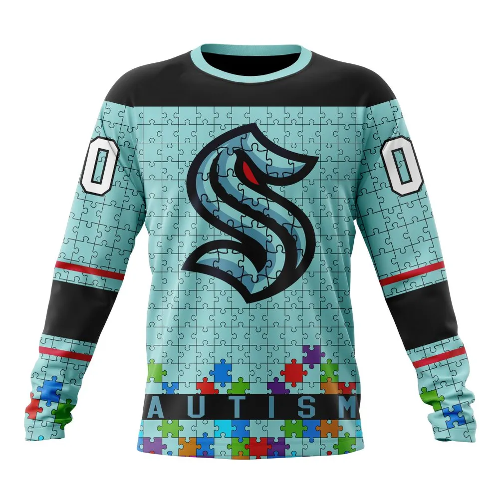 NHL Seattle Kraken | Specialized Unisex Kits Hockey Fights Against Autism Long Sleeved Sweatshirt 