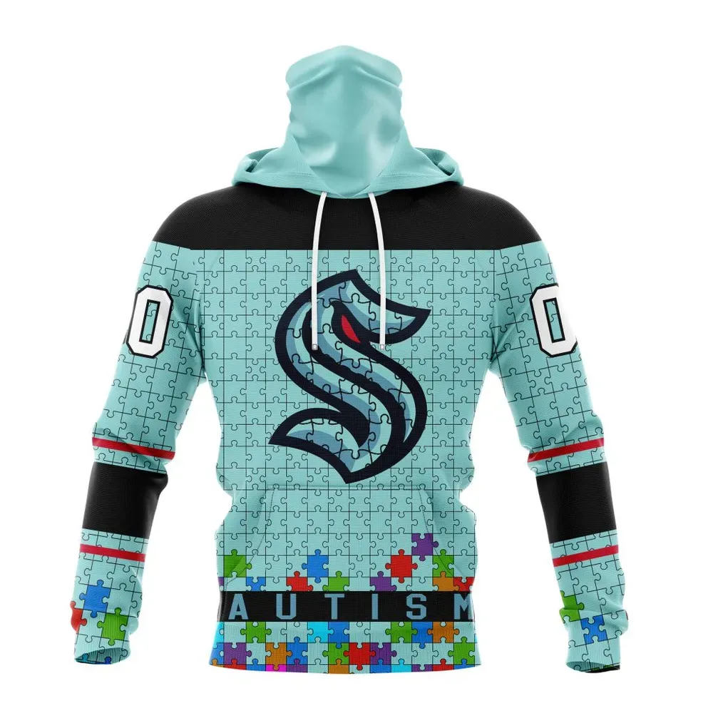 NHL Seattle Kraken | Specialized Unisex Kits Hockey Fights Against Autism Mask Hoodie