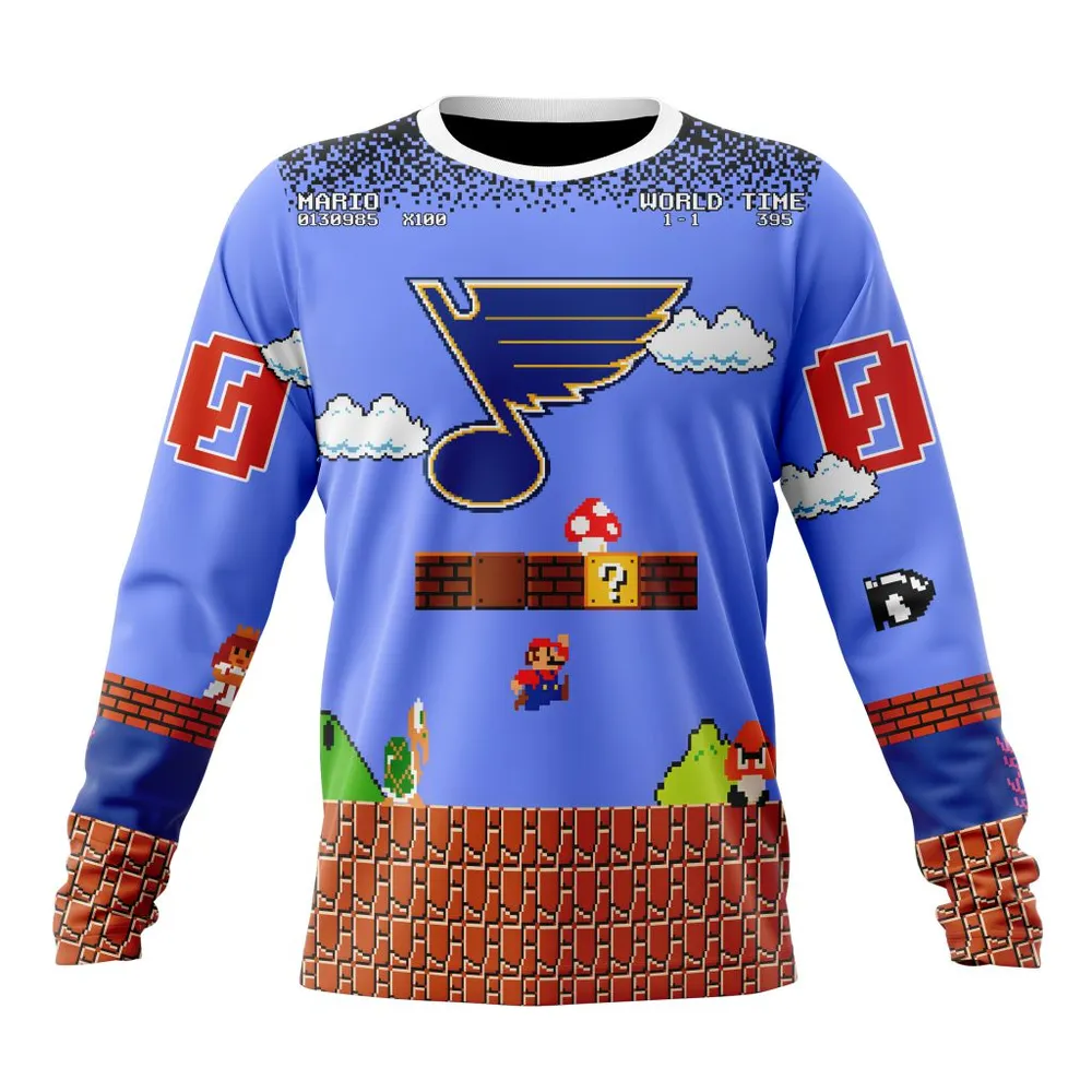 NHL St. Louis Blues Special Kits With Super Mario Game Design Long Sleeved Sweatshirt 