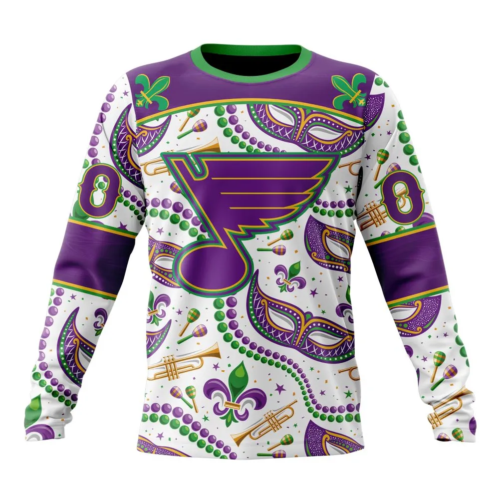 NHL St. Louis Blues Special Mardi Gras Design St2401 Long Sleeved Sweatshirt 