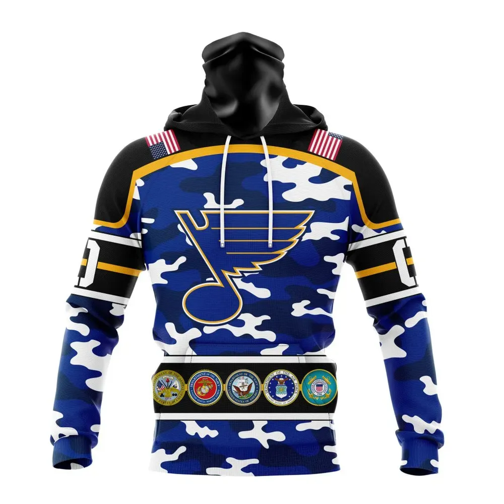 NHL St. Louis Blues | Specialized Design Wih Camo Team Color And Military Force Logo Mask Hoodie