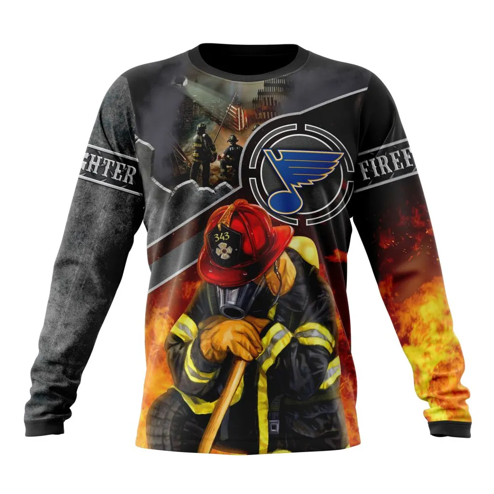 NHL St. Louis Blues | Specialized Kits To Honor Firefighter In Patriot Day We Will Never Forget Long Sleeved Sweatshirt 