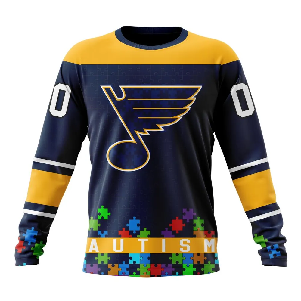 NHL St. Louis Blues | Specialized Unisex Kits Hockey Fights Against Autism Long Sleeved Sweatshirt 