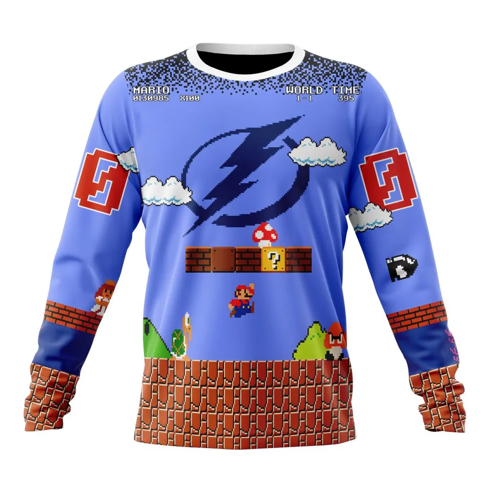 NHL Tampa Bay Lightning Special Kits With Super Mario Game Design Long Sleeved Sweatshirt 