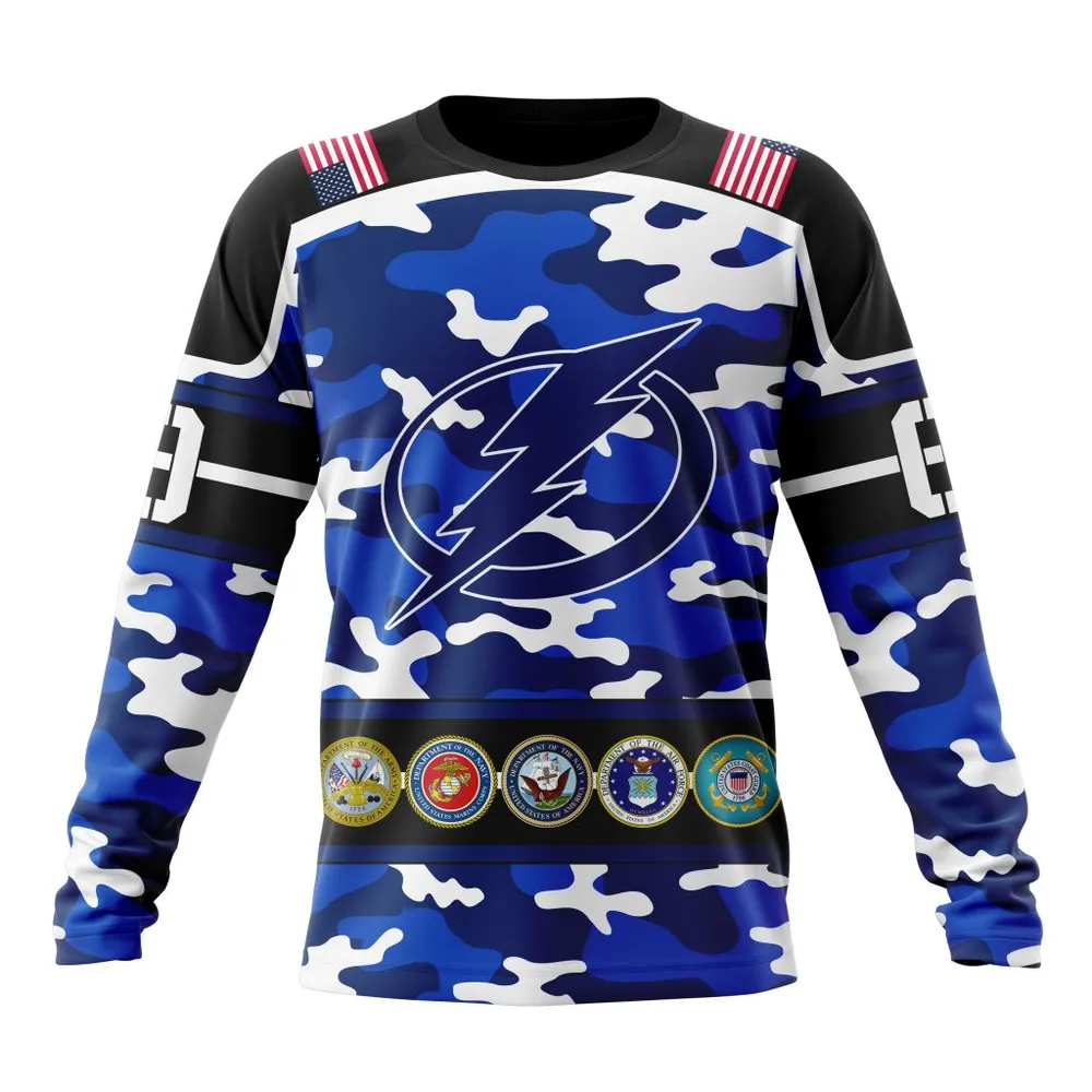 NHL Tampa Bay Lightning | Specialized Design Wih Camo Team Color And Military Force Logo Long Sleeved Sweatshirt 