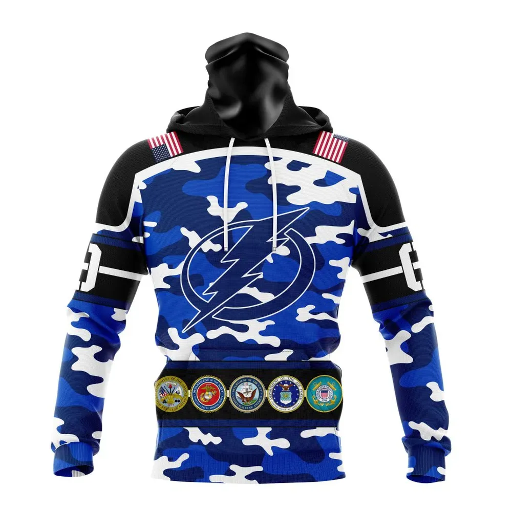 NHL Tampa Bay Lightning | Specialized Design Wih Camo Team Color And Military Force Logo Mask Hoodie