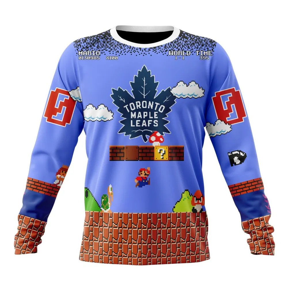 NHL Toronto Maple Leafs Special Kits With Super Mario Game Design Long Sleeved Sweatshirt 