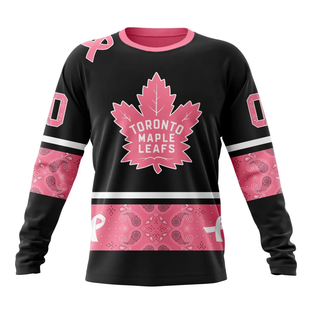 NHL Toronto Maple Leafs | Specialized Design In Classic Style With Paisley! In October We Wear Pink Breast Cancer Long Sleeved Sweatshirt 