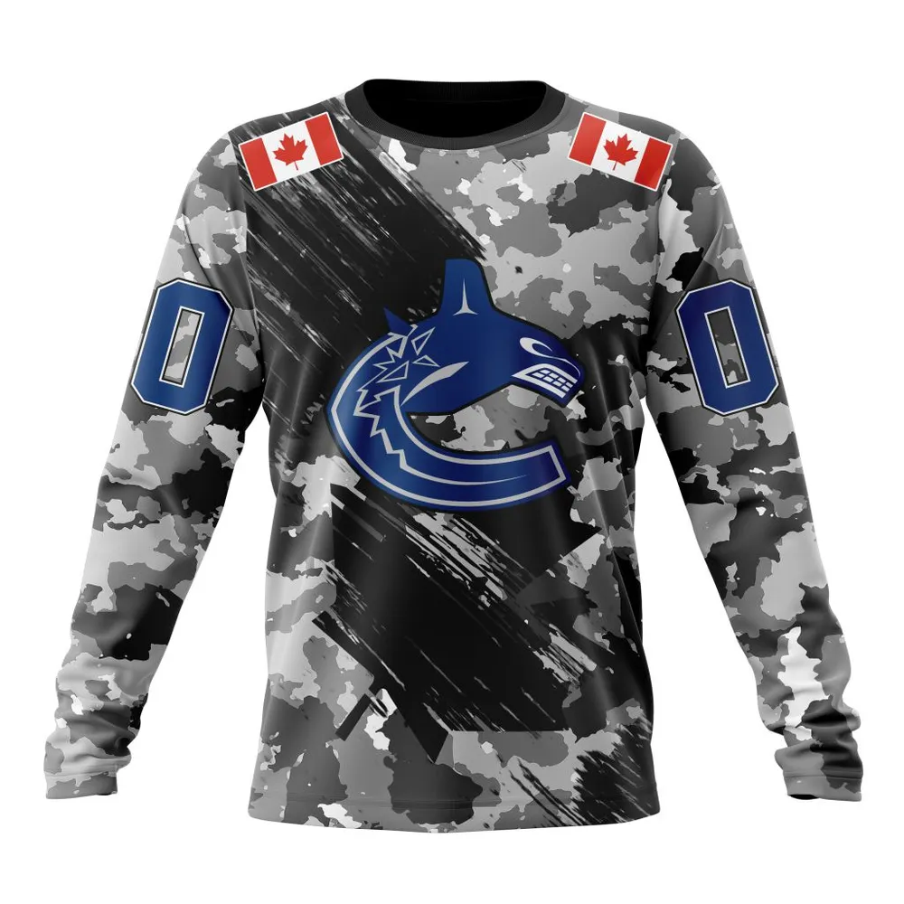 NHL Vancouver Canucks Special Camo Armed Forces Design St2301 Long Sleeved Sweatshirt 