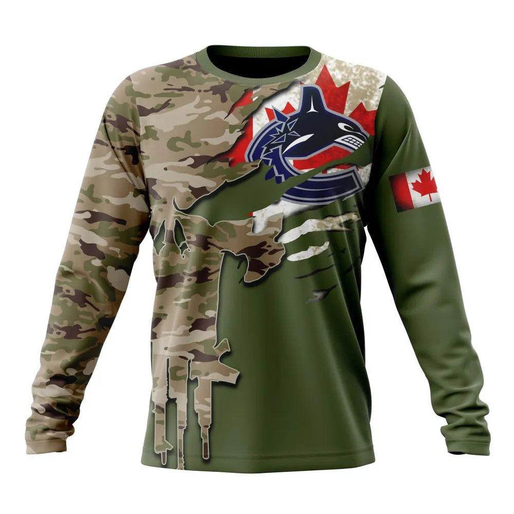 NHL Vancouver Canucks Special Camo Skull Design St2303 Long Sleeved Sweatshirt 