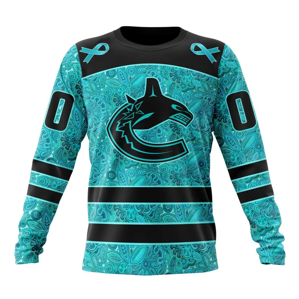 NHL Vancouver Canucks Special Design Fight Ovarian Cancer St2201 Long Sleeved Sweatshirt 